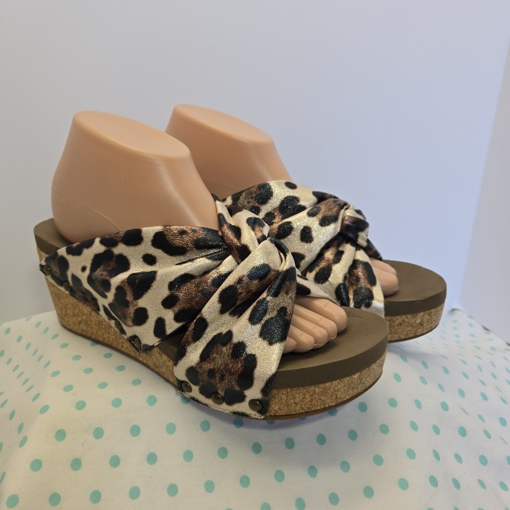 Corkys Cheerful Cheetah Print Metallic Studded Twist Knot Wedges Womens Size 9